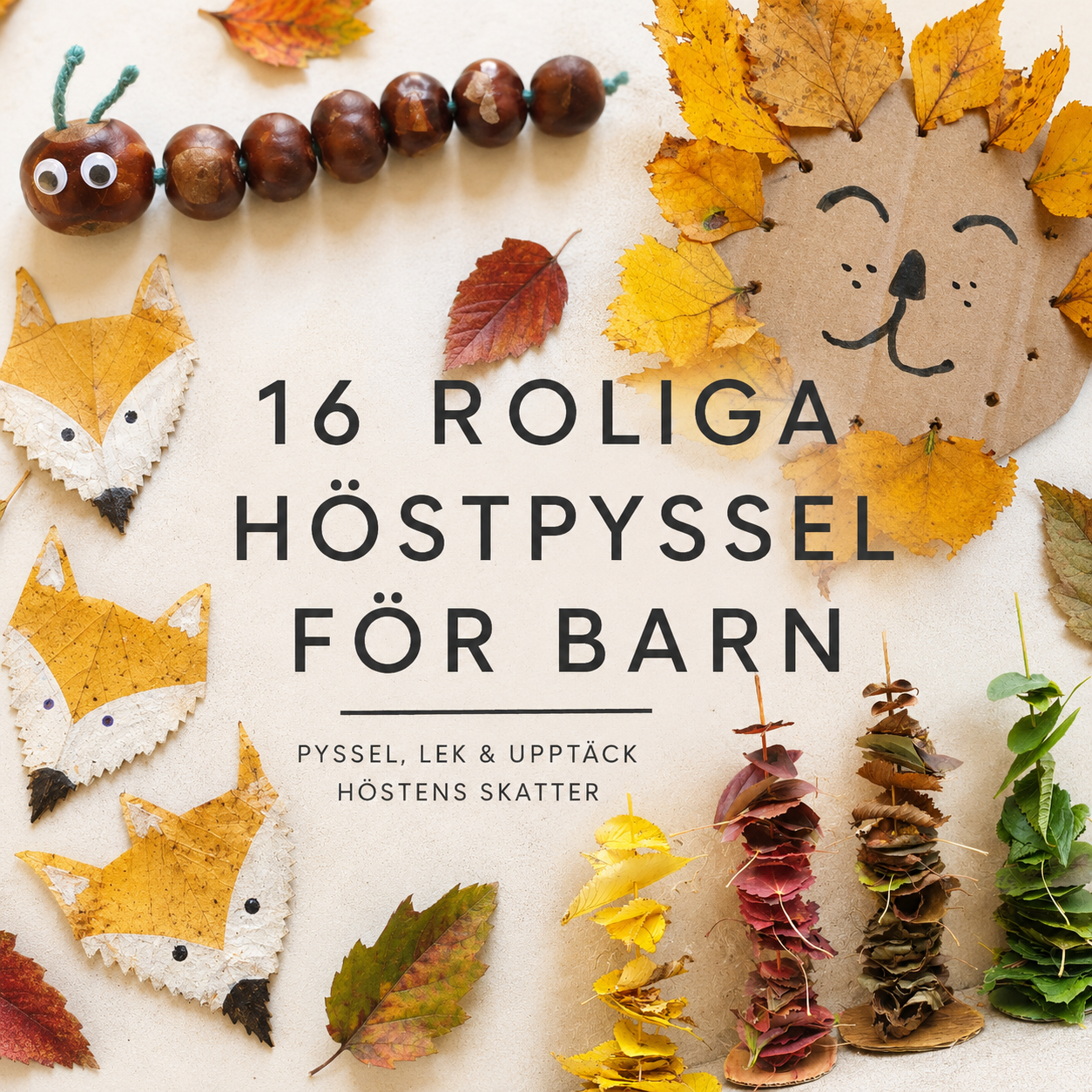 Höstlöv, kastanjer och kottar arrangerade runt texten 16 Roliga Höstpyssel för barn.